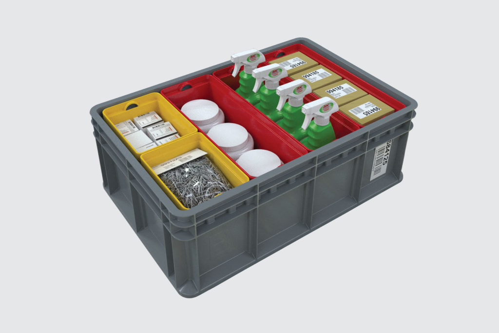 Akro-Mils Multi-Load Totes filled with supplies